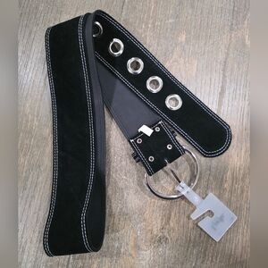 Wide Black Suede Contrast Stitch Big Buckle Grommet Silver Belt L/XL
